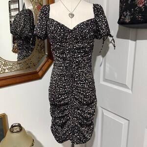 NWT White Fox Black, Green & Pink Floral Ruched Sweetheart Neckline Mini Dress S
